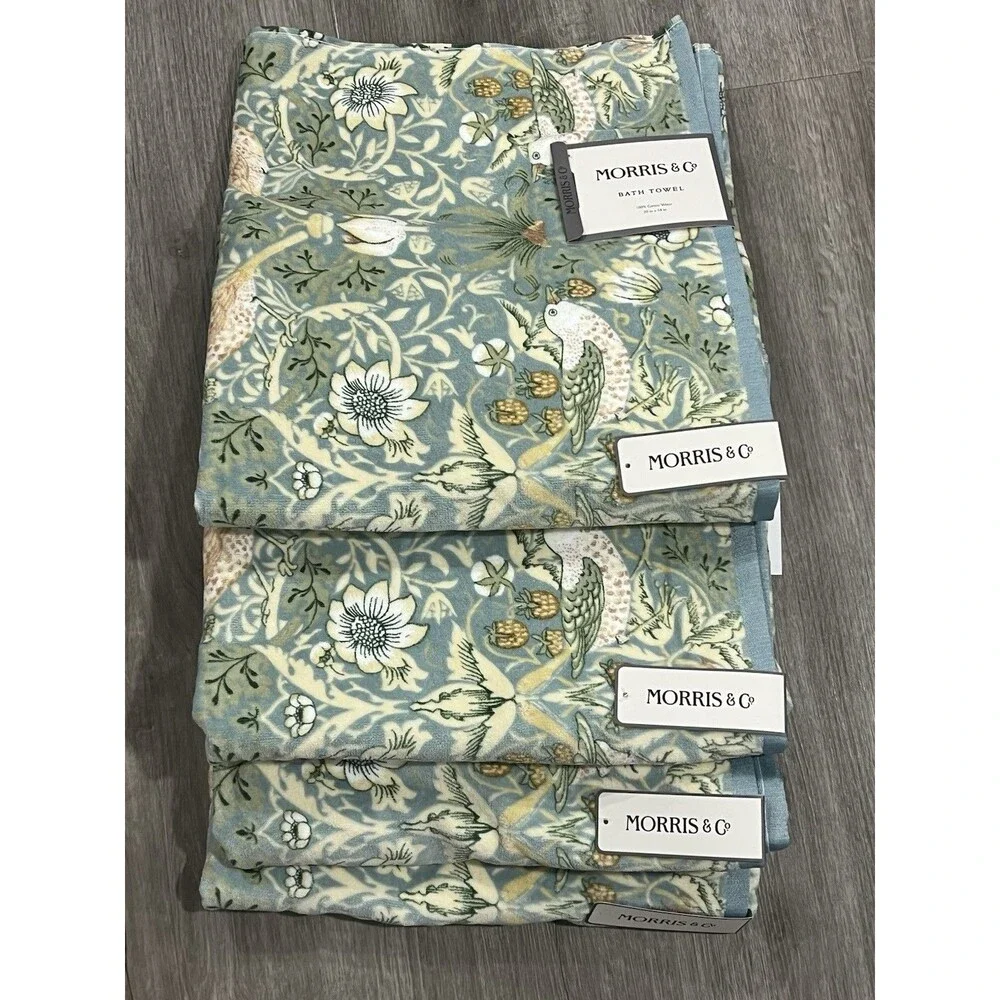 Morris & Co. Strawberry Thief Bath Towel 4 PC Set Birds & Floral New